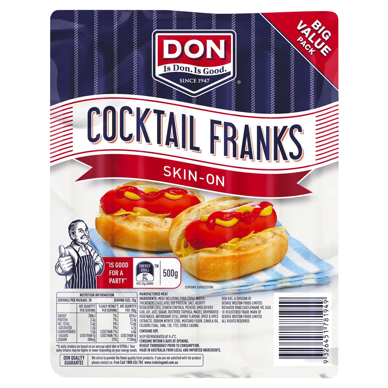 DON SKINLESS COCKTAIL FOOTY FRANKS 600G